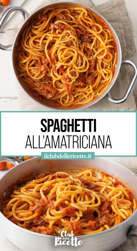 Gli Spaghetti all’Amatriciana sono tra i primi piatti della tradizione italiana più amati di sempre. Piatto molto antico, la Ricetta degli Spaghetti all’Amatriciana ha una storia molto ricca, quasi quanto il suo sapore. Connubio tra due tradizioni contadine, quella del pomodoro napoletano e del guanciale di Amatrice, questo piatto fu poi portato dagli osti amatriciani a Roma all’inizio del ‘900, tanto che nella città il termine Matriciano, venne a significare “gestore di una trattoria”. Spaghetti All Amatriciana, All Amatriciana, Linguine, Italian Recipes, Spaghetti, Pasta