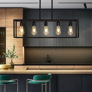 Desaki Kitchen Island Style Matte Black 5-light Chandelier - On Sale - Bed Bath & Beyond - 28124102 Industrial Farmhouse Lighting, Mood Board Kitchen, Kitchen Island Styling, Farmhouse Foyer, Beautiful Modern Farmhouse, Bulb Chandelier, Dining Room Farmhouse, Farmhouse Style Lighting, Work Places