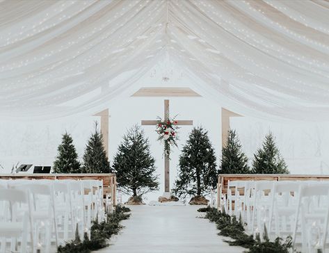 Pine Tree Wedding Backdrop, Winter Wonderland Wedding Aisle, Christmas Tree Altar Wedding, Christmas Trees Wedding Ceremony, Christmas Wedding Alter Ideas, Winter Wedding Alter Ceremony Backdrop, Winter Wedding Arbor Ideas, Christmas Wedding Arch Ceremony Backdrop, Winter Wedding Isles