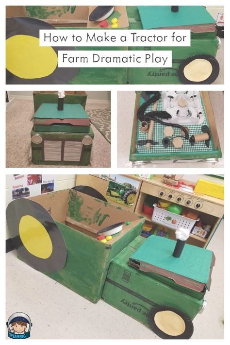 Directions on how to make a pretend farm tractor with an engine for preschool dramatic play out of cardboard and other classroom materials. Farm Dramatic Play, Preschool Dramatic Play, Farm Classroom Theme, Farm Activities Preschool, Farm Animals Preschool, Farm Lessons, Dramatic Play Themes, Farm Animals Activities, Farm Theme Preschool