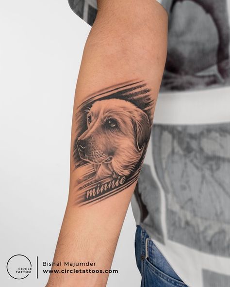 Dog portrait tattoo by Bishal Majumder #pettattoos #pettattooideas #petportraittattoos #tattooideasformen #tattooideasforwomen #circletattooindia Tattoo Pricing, Dog Portrait Tattoo, Women Circle, Pawprint Tattoo, Circle Tattoo, Tattoo Prices, Film And Tv, Arm Band Tattoo, Face Tattoos