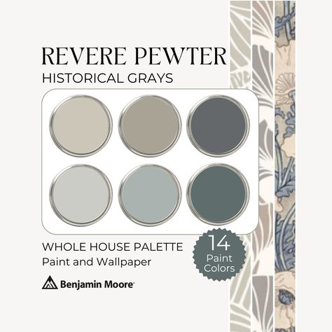 Revere Pewter Walls With Dark Doors, Vintage Pewter Behr, Revere Pewter Color Palette, Brewster Gray Benjamin Moore, Brown Gray Paint Colors, Wedgewood Gray Benjamin Moore, Revere Pewter Trim, Benjamin Moore Historical Collection, Revere Pewter Cabinets