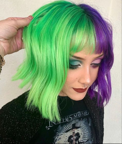 Purple And Green Hair, Two Color Hair, Gemini Hair, Which Hair Colour, Split Dyed Hair, Neon Hair, Hair Color Crazy, Spiky Hair, Split Hair