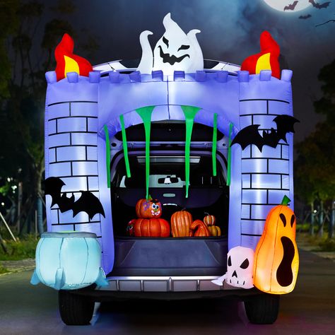 PRICES MAY VARY. Excellent Design. This 6 ft tall Halloween inflatable haunted castle with built-in LEDs can be used to decorate the trunk of a car. The attention to detail in the castle's architecture, coupled with the spooky elements like ghosts, pumpkins, and bats, creates a visually captivating centerpiece for Halloween car decorations. This inflatable comes with an extended cord, ground stakes, fastened ropes, built-in sandbags, and a car cigaratte lighter with UL certification. Great Funct Halloween Car Decorations, Halloween Blow Ups, Inflatable Pumpkin, Castle Decor, Haunted Castle, Inflatable Decorations, Car Decorations, Halloween Inflatables, Halloween Displays