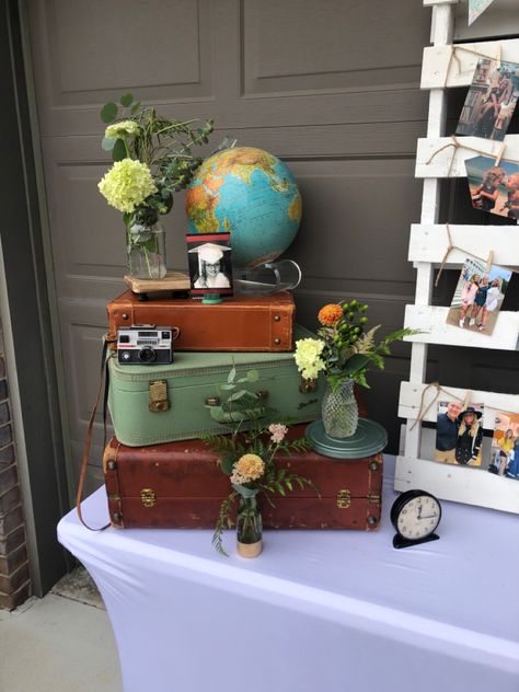 Travel Theme Graduation Party, Agent Booth, Travel Centerpieces, Pioneer Meeting, Adventure Party Theme, Vintage Graduation Party, Vintage Travel Party, Honeymoon Shower, Wall Clock Decor Ideas