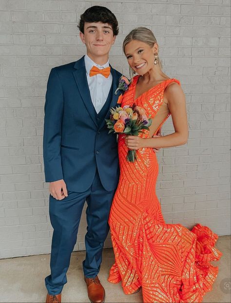 Orange Prom Couple, Prom Color Ideas, Orange Hoco Dress, Couple Prom Outfits, Orange Evening Dress, Prom Dress Orange, Prom Couples Outfits, Matching Prom, Orange Formal Dresses