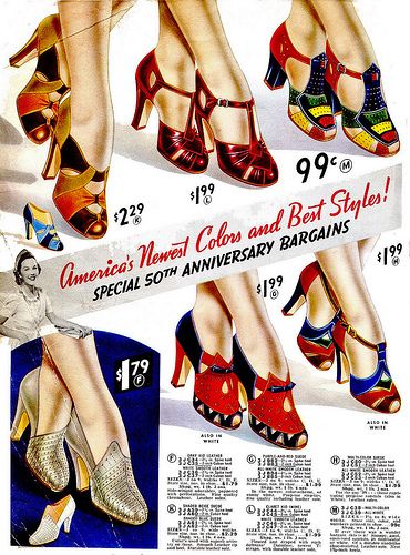 Adorable Vintage Shoe Ad. Look at those prices! 1930s Shoes, 1940s Shoes, Fashion 1940s, Shoes Ads, Robes Vintage, Shoe Gallery, 40s Fashion, Retro Mode, 1930s Fashion