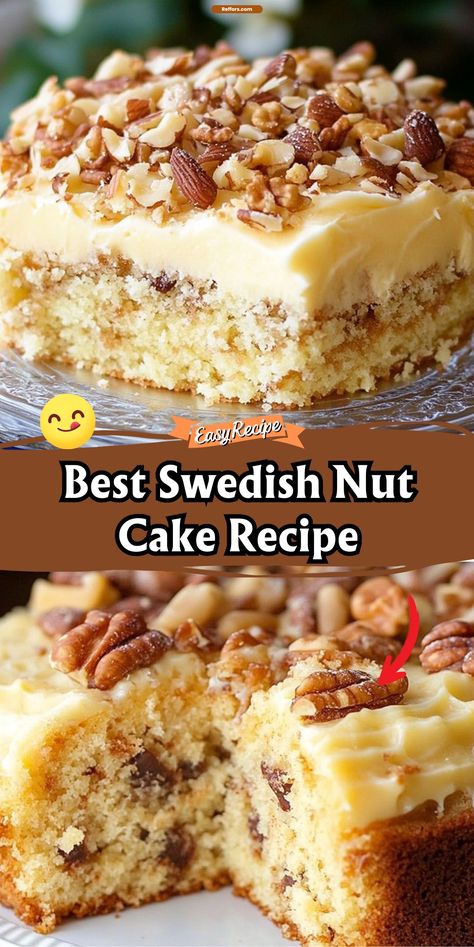 Swedish Nut Cake Nuts Cake Decoration, Nut Loaf Cake, Hickory Nut Cake Recipes, Swedish Nut Cake, Swedish Cake Recipes, Swedish Nut Cake Recipe, Swedish Tea Ring Recipe, Nut Desserts, Tea Ring Recipe