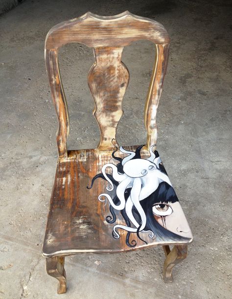 'Inked', painted onto a distressed wooden chair. #rustic #decor #hand-painted #dania #daniapiotti Hand Painted Chairs, Painted Chair, Urban Interiors, Quirky Decor, Quirky Home Decor, Upcycled Home Decor, Painted Chairs, Decoration Originale, Funky Painted Furniture