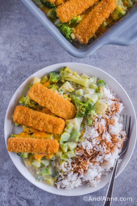 Broccoli Fish Stick Dinner Fish Stick Dinner Ideas Meals, Baked Cauliflower Casserole, Ham And Cheese Pasta, Budget Friendly Dinner Recipes, Fish Casserole, Leftover Turkey Casserole, Leftover Casserole, How To Make Broccoli, Fish Sticks