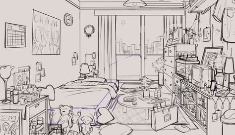 Room Perspective Drawing, Twitter Drawing, Perspective Room, Interior Concept Art, Perspective Sketch, Bedroom Drawing, Perspective Drawing Architecture, Perspective Drawing Lessons, Bg Design