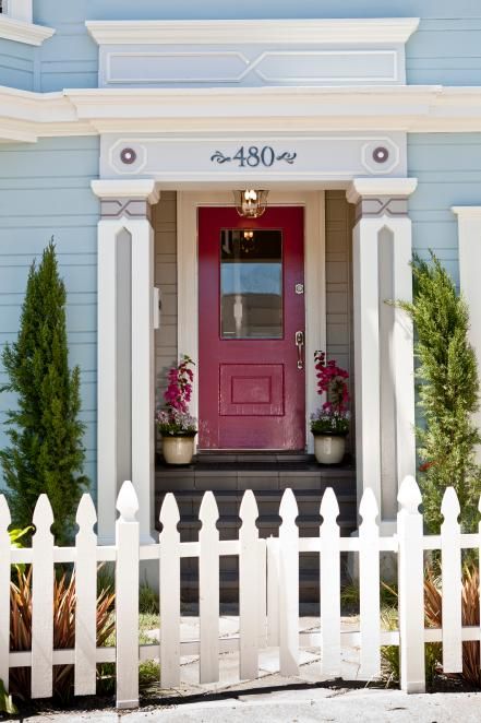 Front Door Interior Color, Interior Front Door Colors, Light Blue House, Blue Interior Doors, Entryway Paint Colors, Bright Front Doors, Purple Front Doors, Front Door Interior, Traditional Front Doors