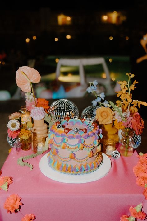 Rosie + Cory's Colorful Disco Dream at the Ace Hotel & Swim Club Palm Springs Whimsical Disco Wedding, Disco Garden Party Wedding, Disco Birthday Party Cake, Quirky Wedding Cake, Kitchy Wedding Ideas, Maximalist Wedding Cake, Disco Tea Party, Disco Garden Wedding, Maximalist Wedding Decor