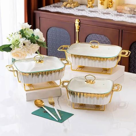 Amazon.com: HONHPD 3 Piece Set Chafing Dish Buffet Set, Ceramics Chafer with Imitation Marble Finish, Chafer and Buffet Warmer Set for Buffet Weddings,Parties, Banquets,Catering Events,Golden: Home & Kitchen Food Ceramics, Crockery Design, Hotel Buffet, Candle Fire, Chafing Dish, Buffet Set, Wedding Buffet, Keep Food Warm, Food Warmer