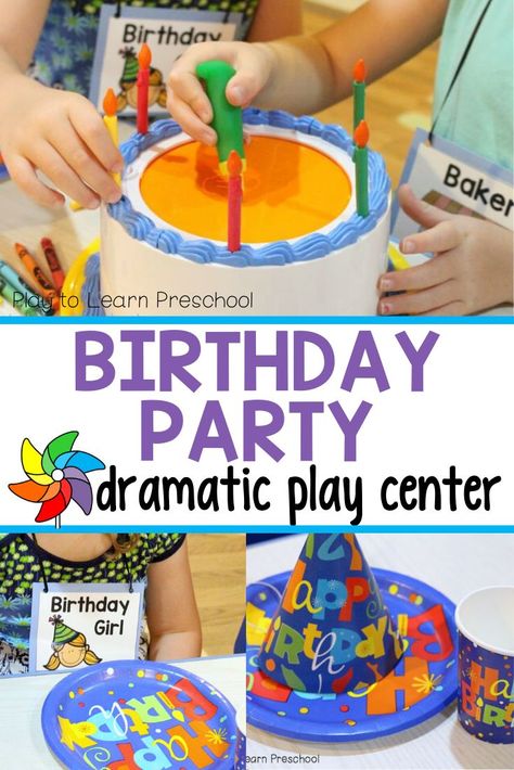 Dramatic play centers are great for preschool because they provide great opportunities for children to interact, talk, problem solve, read, write and even practice early math skills. Here is an idea that is simple and quick and will keep your children playing for hours… a pretend birthday party! #dramaticplay #preschool #pretendplay Birthday Dramatic Play Center, Dramatic Center Preschool, Birthday Preschool Theme, Kindergarten Birthday Ideas, Birthday Party Dramatic Play, Preschool Dramatic Play Center, Party Dramatic Play, Preschool Dramatic Play, Preschool Birthday