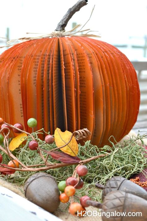 DIY fall book pumpkin by H2O Bungalow, featured on Funky Junk Interiors Orange Books, Book Pumpkin, Pumpkin Books, Decor Pumpkins, Pumpkin Diy, Vibrant Decor, Easy Fall Decor, Creative Pumpkins, Quick Diy