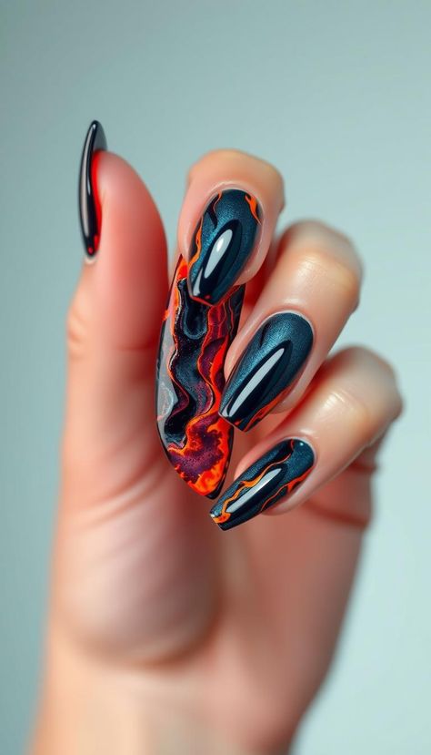 Textured 3D "lava" appears to flow over nails with glowing ember effects 🌋 #LavaNails #3DGelNails Lava Lamp Nails, Lamp Nails, Lava Flow, Nail Arts, Lava Lamp, Nail Design, Makeup Inspiration, 3 D, Lashes