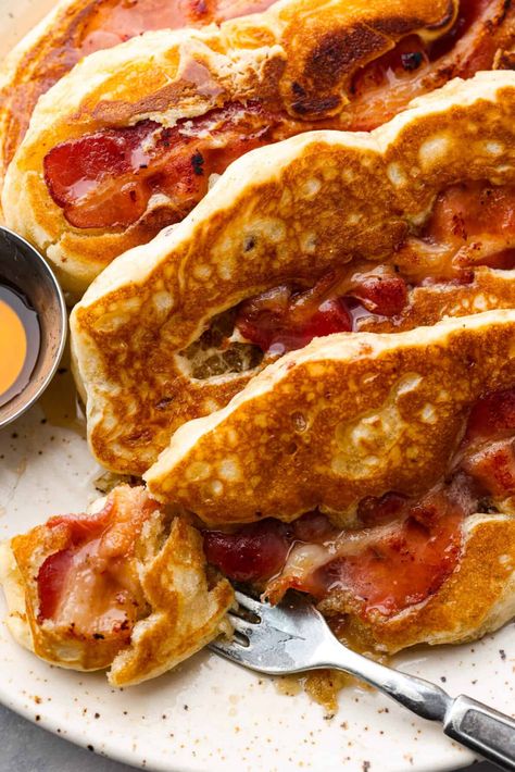 Bacon Pancakes Bacon Pancakes Dippers, Pancake Bacon Strips, Pancake Covered Bacon, Pancakes With Bacon, Bacon Pancake, Pancake Dippers, Basic Pancakes, Bacon Donut, Bacon Pancakes