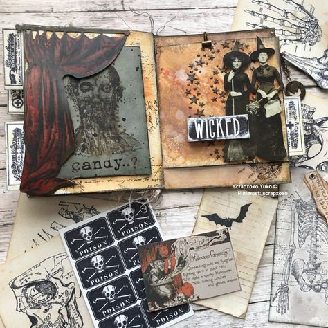 Spooky Scrapbook Ideas, Horror Scrapbook Ideas, Junk Journal Halloween, Halloween Scrapbook Ideas, Halloween Journal Pages, Halloween Junk Journal Ideas, Junk Journal Themes Ideas, Halloween Journal Ideas, Creative Sketchbook Ideas