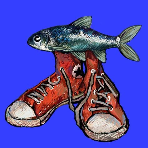 Fish Aethstetic, Cool Fish Drawings, Fish Astethic, Fish With Legs Drawing, Fish Pfp Aesthetic, Art Reference Objects, Fish Tank Illustration, Fishes Drawing, Drawing On Shoes