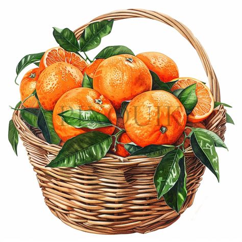 Orange Basket, Basket With Vegetables Drawing, Oranges Illustration Fruit, Watercolor Art Orange Fruit, Fruit Basket Watercolor, Orange Juice Watercolor, Diy Abstract Canvas Art, Portrait Cartoon, Fruit Print