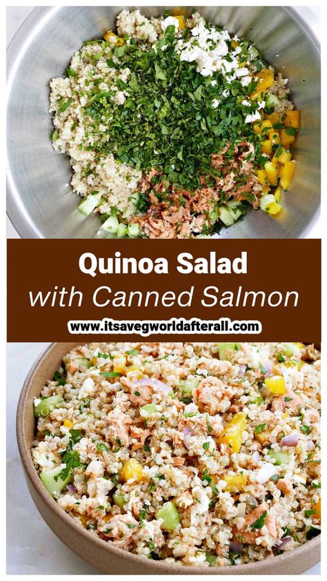 Quinoa Recipes Side Dish For Salmon, Salmon Salad Meal Prep, Quinoa Salmon Salad, Can Salmon Recipes Healthy, Quinoa Salad With Salmon, Mediterranean Canned Salmon Recipes, Quinoa And Salmon Recipes, Canned Salmon Lunch Recipes, Canned Salmon Recipes Healthy