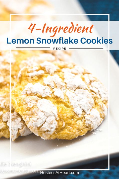 4 Ingredient Light and Luscious Lemon Snowflake Cookies are so easy to make and literally melt in your mouth.  They're the perfect no-fuss cookie recipe. Snowflake Cookies Recipe, Snowflake Recipes, Lemon Cake Cookies, Lemon Cake Mix Cookies, Cookies Lemon, Snowflake Cookie, Cake Mix Desserts, Lemon Cookies Recipes, Best Holiday Cookies