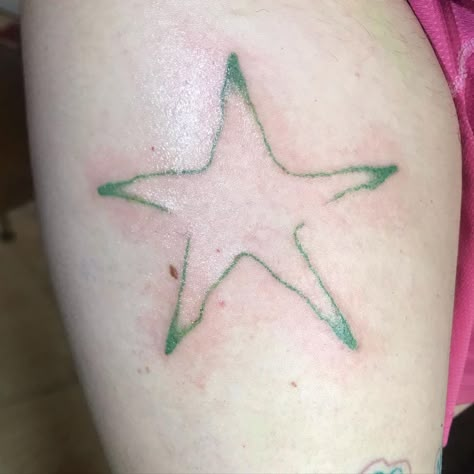 Green Star Tattoo, Blue Stars Tattoo, Star Tattoo Cover Up, Dark Green Tattoo, Green Ink Tattoo, Green Tattoo Ink, Star Tattoo On Shoulder, Green Tattoo, Tattoo Ink Colors