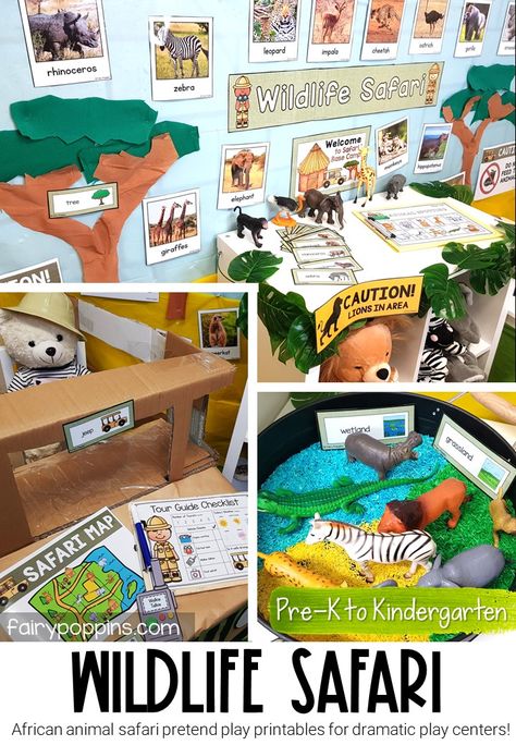 This wildlife safari dramatic play center is a fun way for kids to learn about African animals. Dramatic play helps to promote language development, social skills and play skills. It's great addition to an animal, jungle or safari theme. #safaridramaticplay #safaripretendplay #jungledramaticplay #junglepretendplay #cardboardjeep #jungleclassroom #animalactivities #safariactivities #jungleactivities #pretendplay #dramaticplaycenter #pretendplaycenter #preschool #prek #kindergarten Animal Experiences Preschool, Forest Animals Dramatic Play Preschool, Wild Animals Dramatic Play Preschool, Wildlife Activities For Preschool, Jungle Theme Dramatic Play Preschool, Wild Animals Theme Table Preschool, Zoo Dramatic Play Center, Dramatic Play Animals, Animal Theme For Preschool