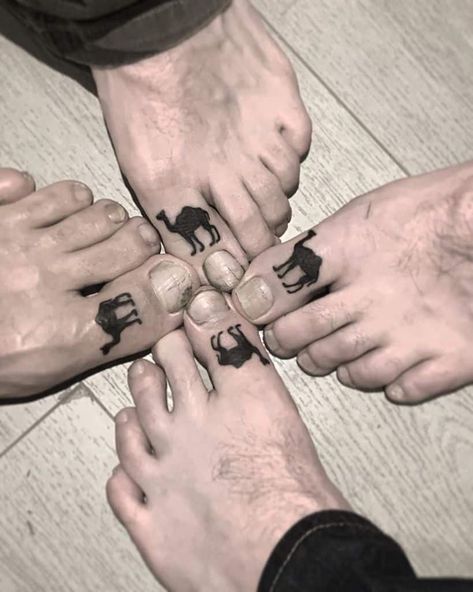 Friendship Tattoos For 3 Best Friends, Small Tattoos For 3 Best Friends, Friends Inspired Tattoo, 3 Tattoos Matching, Funny Sibling Tattoos For 3, Friendship Tattoos For Guys, Four Friends Tattoos, Matching Tattoos For Best Friends Funny, Funny Matching Tattoos For Best Friends