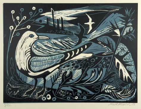 st judes, mark hearld, printmaking, seagull, bird, nature, print, pattern, layers, illustration, sea, shore Mark Hearld Linocut, Mark Hearld Birds, Mark Hearld Art, Sea Linocut, Mark Herald, Emily Sutton, Mark Hearld, Relief Prints, Yorkshire Sculpture Park