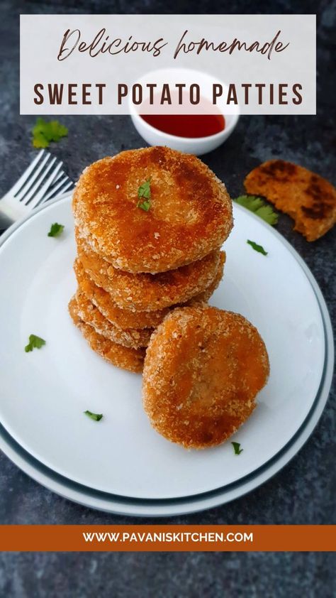 Sweet Potato Patties - healthy and delicious patties that are crispy from the outside and soft from the inside. These are made with boiled sweet potatoes, a few spices and herbs. Boiled Sweet Potato Recipes, Boiled Sweet Potato, Potato And Pea Curry, Gobi Recipes, Sweet Potato Patties, Boiling Sweet Potatoes, Sweet Potato Recipes Healthy, Kids Lunch Boxes, Easy Sweet Potato