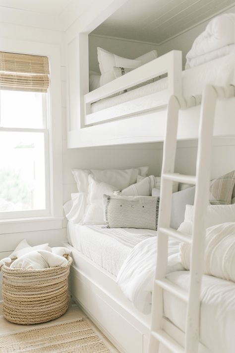 white wood bunk beds with white bedding Coastal Bunk Room, Coastal Kids Bedroom, Small Bedroom Layouts, Welcoming Bedroom, Bunk Room Ideas, Bunk Bed Rooms, Small Bedroom Decor Ideas, Farmhouse Bedroom Ideas, Small Bedroom Layout