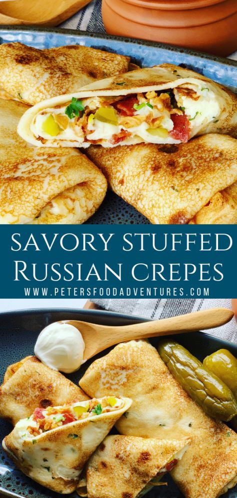 Savory Crepes - Russian Farmer's Style (Блин Фермерский) - A new Russian classic made famous by Teremok. Russian comfort food, Kefir blini with mashed potatoes, bacon, pickles and crispy onions. Soviet Recipes, Savory Crepes Recipe, Savory Crepes Filling, Bacon Pickles, Dinner Crepes, Pocket Food, Recipe Using Milk, Crepe Recipe Savory, Russian Dishes