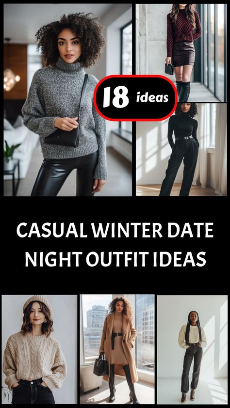 Collage showcasing 18 winter date night outfits, featuring sweaters, skirts, and coats. Jeans Outfit Night Out Winter, Cardigan Date Night Outfit, Arcade Date Outfit Winter, Outfit Ideas Dinner Night Winter, Smart Casual Dinner Outfit Women Winter, Date Night In The City Outfits, Casual Winter Dinner Outfits For Women, Cold Day Date Outfit, Jeans Date Night Outfit Winter