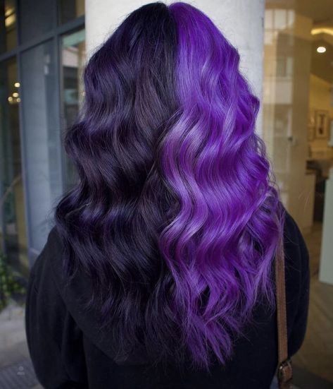 Split Hair: New Level Unlocked 👏🏼🖤 📸 lalalindzie Purple Split Dye, Reverse Ombre Hair, Bright Purple Hair, Hidden Hair Color, Split Dye, Light Purple Hair, Hair Dye Tips, Split Dyed Hair, Dyed Hair Purple