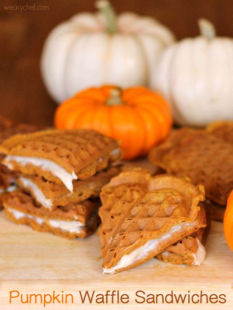 Homemade pumpkin waffles are filled with brown sugar-cinnamon cream cheese for a treat just right for breakfast, snack, or dessert! Waffles With Cream Cheese, Waffle Sandwiches, Waffle Iron Recipes, Waffle Maker Recipes, Waffles Recipe, Waffle Sandwich, Pumpkin Waffles, Budget Recipes, Homemade Pumpkin