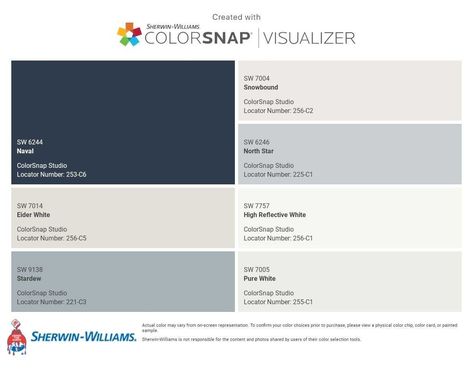 First Star Sherwin Williams Color Palettes, Naval Color Scheme, Naval Coordinating Colors, Sw Naval Coordinating Colors, North Star Sherwin Williams, Sw Naval, Accent Wall Paint Colors, Colour Pallettes, Sherwin Williams Color Palette