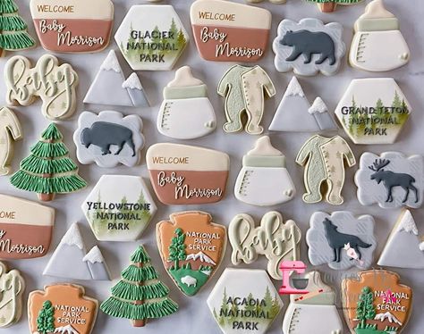 National Park Birthday Cookies, Outdoor Themed Cookies, Outdoorsy Gender Reveal, National Park Cookies Decorated, National Park Baby Shower Cookies, National Park Shower Theme, Little Adventurer Baby Shower Theme, Happy Little Camper Baby Shower Theme, Baby Shower National Park Theme