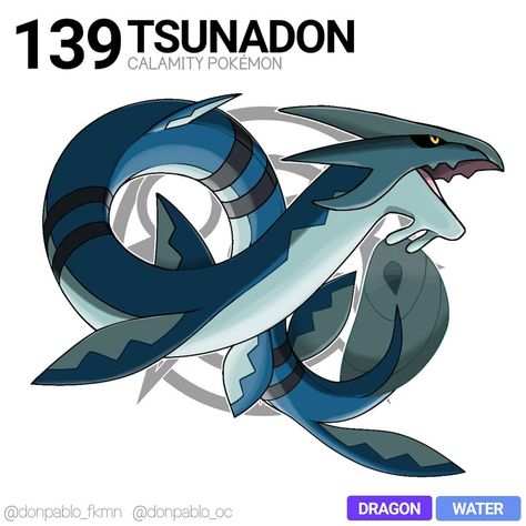 Pokémon Dusk & Dawn on Instagram: “☣ Introducing the calamity pokémon, Tsunadon ☣ . Will Tsunadon be a part of your team? ✨ . . 🔹️Sunken Land - huge wavea of water are sent…” Water Type Fakemon, Shark Pokemon, Fan Made Pokemon, Pokémon Dragon, Fakemon Art, Pokemon Dex, Fanmade Pokemon, Water Pokemon, Submerged In Water