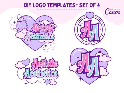 "All 4 Logos are included in this bundle. Our templates are designed to save you time, money and are fully customizable to achieve your own personal style. Edit your own custom logo with your business name. You can delete, move, or add elements, change colors and sizing as you desire.  **Instant download for digital template using Canva. No item will be shipped out.** Templates are fully customizable and very simple to use. No need to download any softwares or fonts. This is a template for Canva Canva Logo Template, Pink Logo Ideas, Canva Logo Ideas, Cute Canva Fonts, Kawaii Logo Design, Personal Logo Ideas, Cute Logo Design, Pastel Logo, Cute Logos