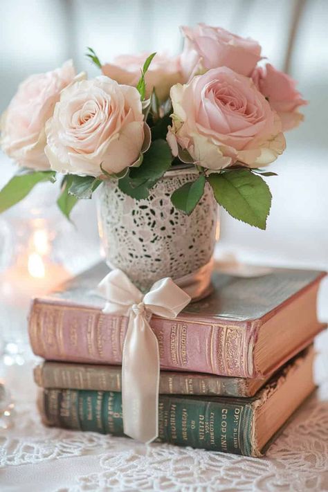 Book Themed Baby Shower Centerpieces, Book Wedding Centerpieces, Teacup Ideas, Shabby Chic Centerpieces, Bridal Crafts, Summer Wedding Themes, Book Centerpiece, Tea Party Centerpieces, Vintage Book Decor