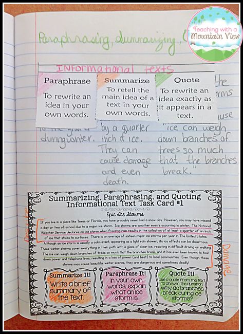 Summarizing, Paraphrasing, and Quoting Texts - Teaching with a Mountain View Teaching Summarizing, Summarizing Nonfiction, Summary Writing, Notebook Templates, Reading Response, Nonfiction Texts, Writer Workshop, Anchor Chart, Novel Studies