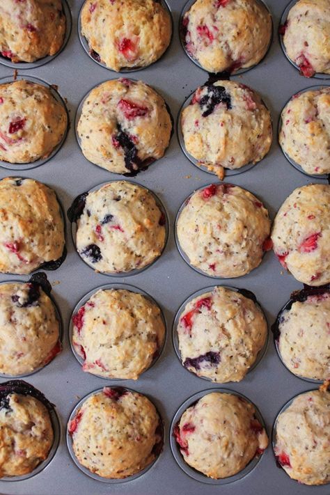 Triple Berry Chia Seed Muffins | This easy muffin recipe features blueberries, strawberries and raspberries and they are oh so good! Each bite is light, fluffy and perfectly sweet. Plus, they’re surprisingly healthy thanks to the heart-healthy coconut oil, antioxidant-rich berries and superfood chia seeds, which provide an added boost of protein, fiber and omega-3s. Perfect for a quick breakfast or healthy snack! | Domesticate Me #domesticateme #muffinrecipe #healthybreakfast Flaxseed Recipes, Spring Eats, Fiber Muffin, Berry Muffin Recipe, Chia Seed Muffins, Easy Muffin Recipe, Chia Muffins, Mixed Berry Muffins, Strawberries And Raspberries