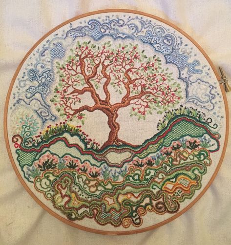 Doodling on - freestyle embroidery. I find this kind of creativity very therapeutic. I just let the colours guide me. 😊 Doodle Stitching Embroidery Art, Tree Of Life Embroidery Pattern Design, Tree Of Life Embroidery, Grandma Activities, Tree Of Life Embroidered, Goth Embroidery, Hand Embroidered Landscapes, Embroidered Things, Freestyle Embroidery