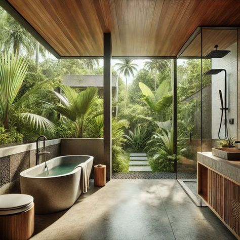 Modern Sophistication With Rustic Charm Miami Homes, Spa Inspired Bathrooms, City Bathrooms, Ubud Villas, Spacious Bathroom, Rental Bathroom, Spa Inspired Bathroom, Homestead House, Tropical Bathroom