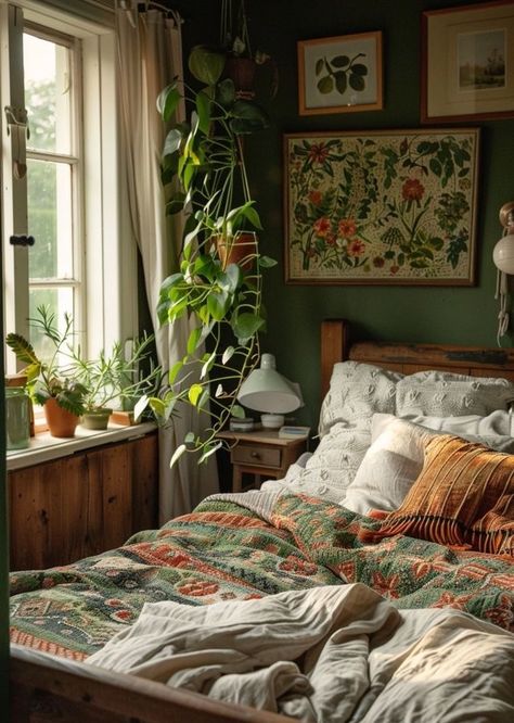 Cute Apartment Ideas Green, Whimsical Green Bedroom, Cozy Bedroom Green Walls, Boho Antique Bedroom, Studio Ghibli Inspired Bedroom, Vintage Bedroom Inspirations, Antique Inspired Bedrooms, Naturalistic Bedroom, Vintage Plant Aesthetic