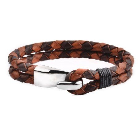 Polished Stainless Steel Hook Clasp Brown Braided Leather Bracelet (11mm Wide), 8.5 inch Coastal Jewelry, Mens Fashion Jewelry, Genuine Leather Bracelet, Braided Leather Bracelet, Expensive Jewelry, Hook Clasp, Bracelet Clasps, Jewelry Companies, Polished Stainless Steel