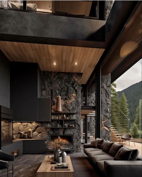 Art for Modern Homes Black And Stone Living Room, Black Cabin Interior Design, Black And Cedar Interior, Wood Stone Interior, Dark Stone Fireplace, Concrete House Interior, Dark Modern Interior, Chalet Living Room, Arabic Interior Design