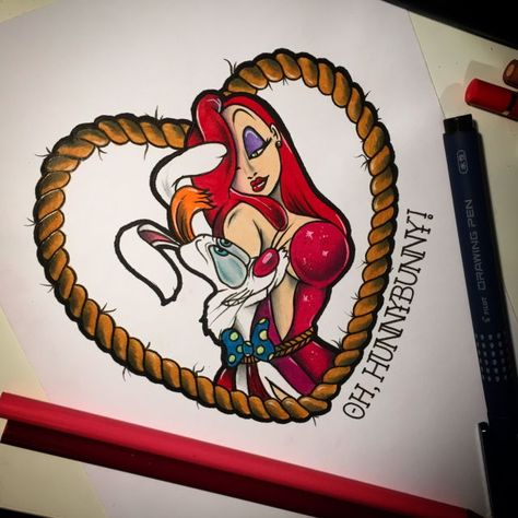 *ROGER & JESSICA RABBIT Roger Rabbit Tattoo, Jessica Rabbit Tattoo, Jessica Rabbit Cartoon, Mouse Village, Jessica And Roger Rabbit, Rabbit Tattoo, Cartoon Character Tattoos, Chicano Drawings, Rabbit Tattoos